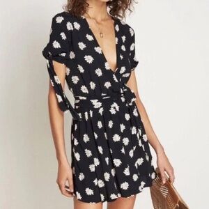 Faithfull The Brand Oslo Mini Wrap Dress  | Black/Ivory Floral | Size 2
